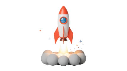 A white and orange 3D rocket launching with bright light and smoke, surrounded by shimmering stars, symbolizing growth and success. background removed