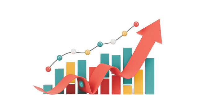 3D rendering of a dynamic growth chart featuring colorful bars, a dotted line, and a bold red arrow pointing upwards, signifying progress. background removed