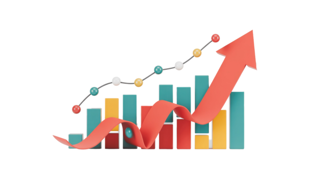 3D rendering of a dynamic growth chart featuring colorful bars, a dotted line, and a bold red arrow pointing upwards, signifying progress. background removed