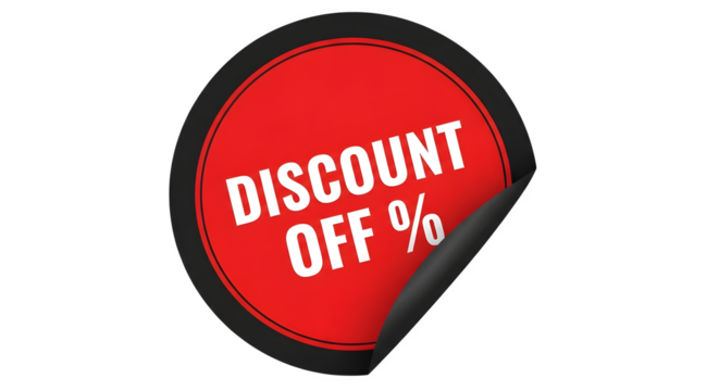 Red discount off percentage sticker with peeling edge isolated on transparent background