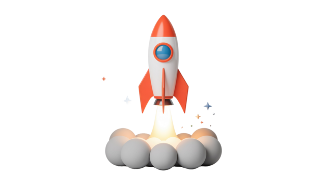 A white and orange 3D rocket launching with bright light and smoke, surrounded by shimmering stars, symbolizing growth and success. background removed