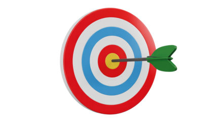 A 3D rendered archery target board with a green arrow perfectly hitting the yellow bullseye, symbolizing success, achievement, and precision. background removed