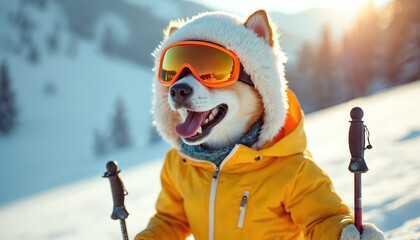 Happy dog wearing ski gear enjoys winter day on snowy mountain slope. Smiling pet with goggles looks joyful. Winter sport adventure outdoor fun.