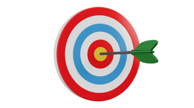 A 3D rendered archery target board with a green arrow perfectly hitting the yellow bullseye, symbolizing success, achievement, and precision. background removed