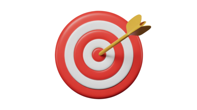 A vibrant 3D rendering of a red and white bullseye target with a yellow arrow precisely hitting the center, symbolizing success and achievement. background removed