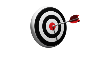 A perfectly aimed arrow strikes the red bullseye of a black and white target, symbolizing precision, success, and achieving goals. background removed