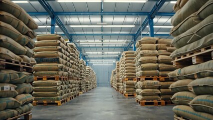 Rows of stacked sacks on pallets in a large warehouse interior, 4k video - Powered by Adobe