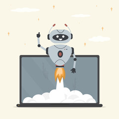 Innovative AI robot with rocket flying up from laptop, machine learning, technology development. Artificial intelligence, innovation. Chat bot increase skills