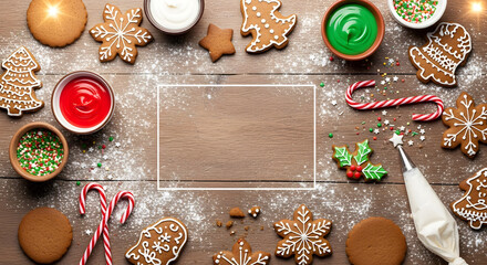 Christmas Gingerbread Cookie Decorating Flat Lay on Rustic Wood generated ai