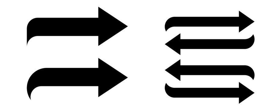 Set of two vector icons representing directional arrows. The first icon shows two arrows pointing in opposite directions, while the second icon depicts multiple arrows in a horizontal alignment
