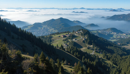 Aerial view of a mountain range with fog and pine trees