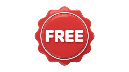 A shiny red wax seal-style badge or label prominently displays "FREE" in bold white letters, ideal for promotions and discounts. background removed