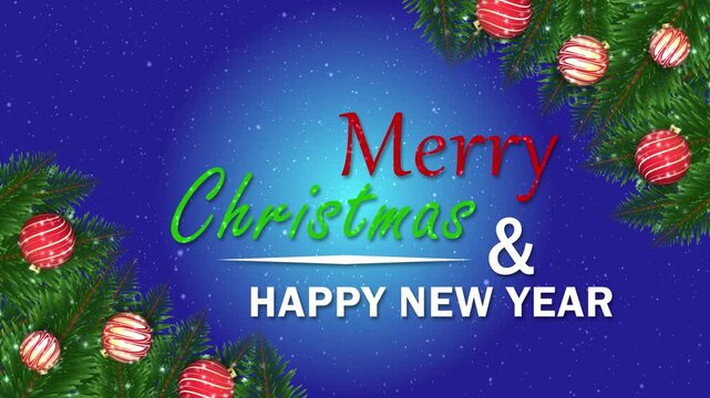 A festive holiday greeting card in blue. "Merry Christmas & Happy New Year" text is set against a snowy backdrop with pine branches