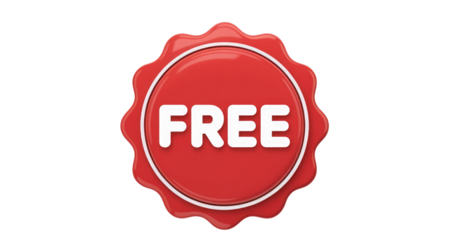 A shiny red wax seal-style badge or label prominently displays "FREE" in bold white letters, ideal for promotions and discounts. background removed