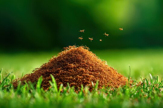 Close-Up of Fire Ant Hill in Lush Green Grass with Ample Copy Space for Text