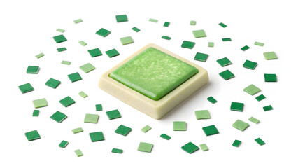 Square green candy with scattered green sprinkles on white background