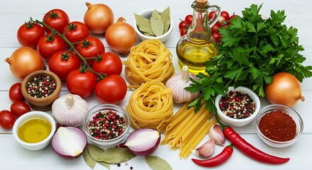 Fresh ingredients for delicious pasta recipe on a bright wooden background