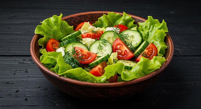 Fresh salad with lettuce tomato and cucumber in rustic bowl presentation