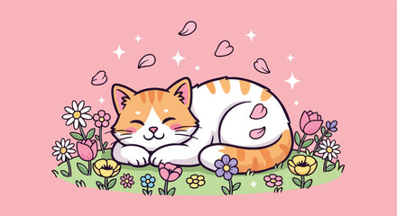 A charming illustration of a sleeping ginger and white cat nestled among colorful wildflowers with a soft pink sky overhead