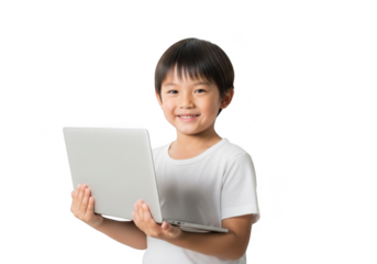 Young boy wearing a white t shirt smiling while holding a white tablet computer device isolated on transparent background