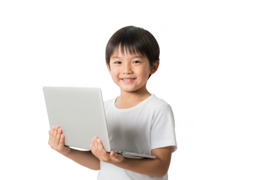 Young boy wearing a white t shirt smiling while holding a white tablet computer device isolated on transparent background