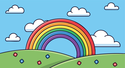 Fototapeta premium A whimsical illustration of a vibrant rainbow arching over rolling green hills dotted with small flowers under a bright blue sky with fluffy clouds