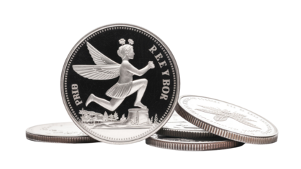 Silver coin with a winged fairy figure leaping over a pedestal, surrounded by other coins, set against a solid transparent background. background removed