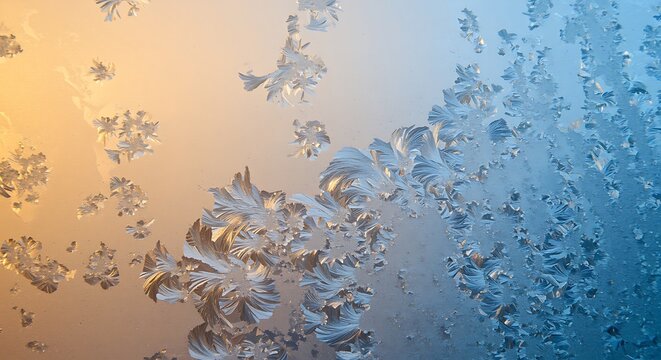 Frost patterns on glass window during winter with golden and blue light