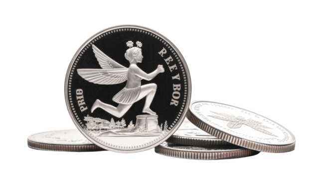 Silver coin with a winged fairy figure leaping over a pedestal, surrounded by other coins, set against a solid transparent background. background removed