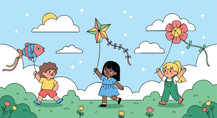 Joyful children flying colorful kites in a whimsical sky scene with fluffy clouds and green rolling hills