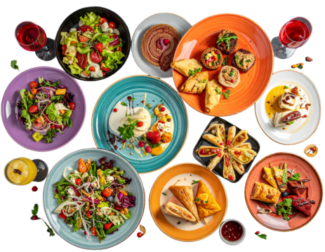 Colorful Buffet Spread Banner, Top-Down Perspective, PNG