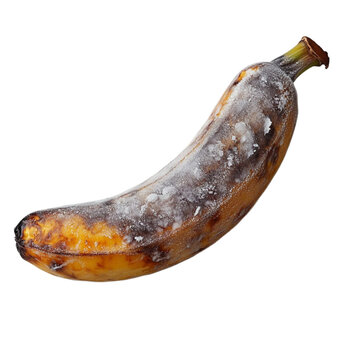 Frozen rotten banana with frost and decay on white background