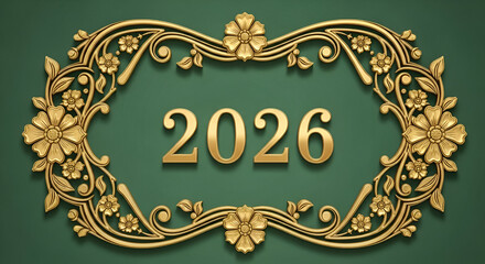 Golden ornate frame with 2026 numerals on a green background