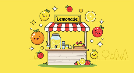 Whimsical cartoon lemonade stand bursting with cheerful fruit characters and bright yellow backdrop offering sweet refreshment to passersby