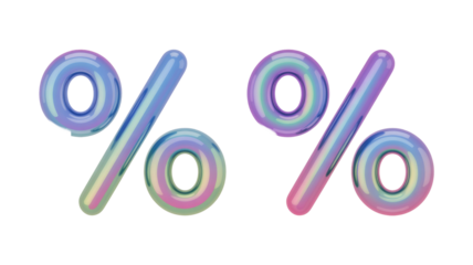Two glossy, iridescent percentage signs, displaying holographic pastel colors like blue, purple, pink, and yellow, against a solid transparent background. background removed