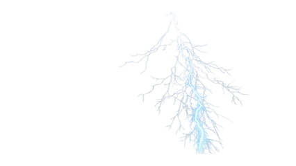 Realistic lightning bolt with bright flare and electric spark featuring thunderstorm energy flash blue glow on transparent background
