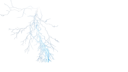 Realistic lightning bolt with bright flare and electric spark on sky featuring thunderstorm energy flash blue glow powerful nature strike on transparent background