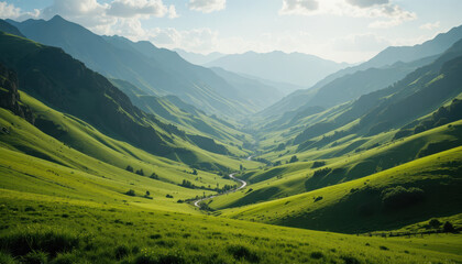 Naklejka premium Lush green valley with mountains in the distance view