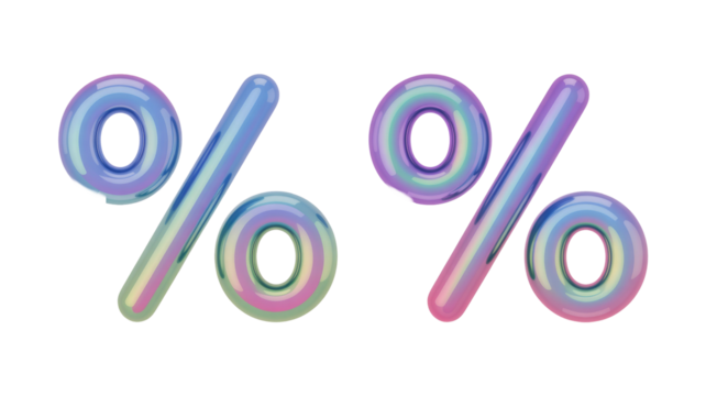 Two glossy, iridescent percentage signs, displaying holographic pastel colors like blue, purple, pink, and yellow, against a solid transparent background. background removed