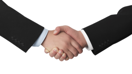 Two business professionals in black suits engaging in a firm handshake, symbolizing a successful deal, agreement, or partnership. background removed