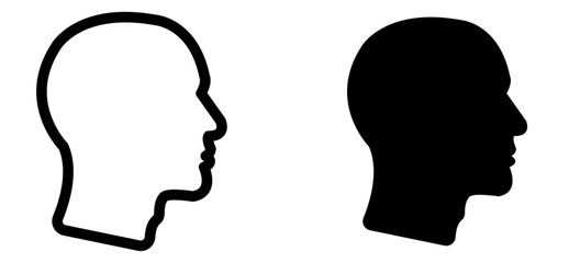 Vector illustration of a human head profile silhouette, one in black and one in white, depicting a simple representation of a person's head in side view.