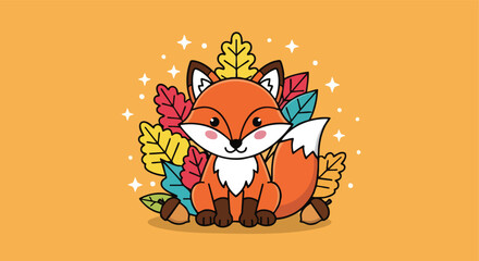 adorable cartoon fox surrounded by autumnal foliage and acorns with twinkling stars on a warm orange background
