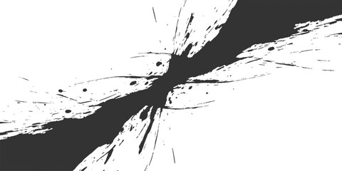 Dynamic black ink splash and abstract grunge texture on white background.