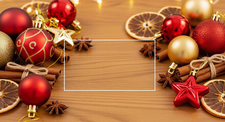 Christmas Flat Lay: Red & Gold Ornaments on Wood with Cinnamon & Orange Slices  generated ai