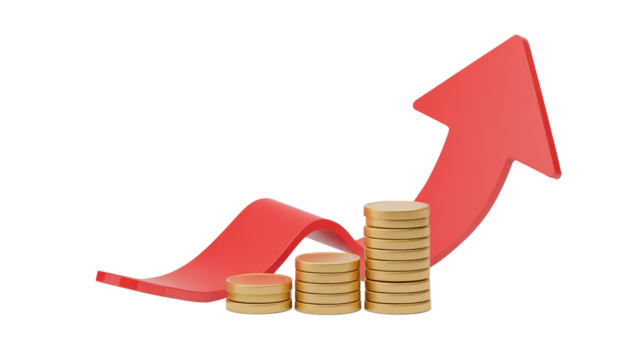 3D render showing increasing stacks of gold coins with a rising red arrow, symbolizing financial growth, investment success, and positive market trends. background removed