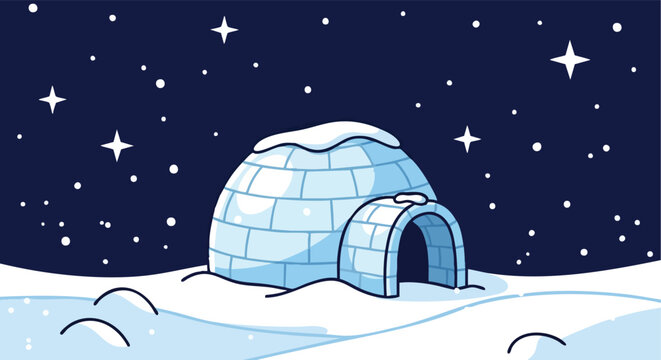 Whimsical igloo nestled in a snowy landscape under a starry night sky with gentle falling snow