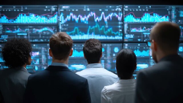 Diverse group of professionals observing data analytics in a modern office setting