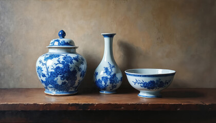 Oil painting captures blue and white porcelain ginger jar vase and footed bowl. Visible brush strokes and canvas texture create moody tones. Elegant ceramic art for home decor.