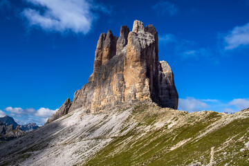 Nature landscape around the Tre Cime di Lavaredo (Three Peaks), Tre Cime Natural Park, Southern Dolomites, Italy. Rifugio Auronzo &ndash; Rifugio Lavaredo &ndash; Rifugio Locatelli &ndash; return via Pian di Cengia.