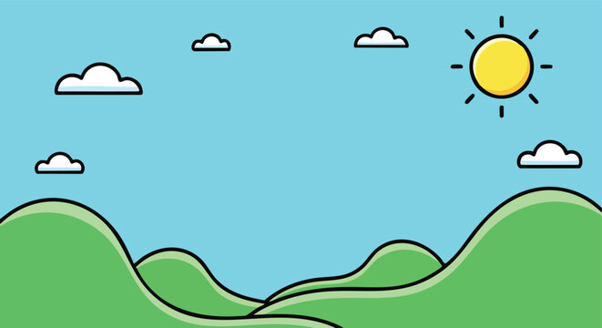 A cheerful minimalist cartoon depiction of rolling green hills under a bright sunny sky with fluffy white clouds